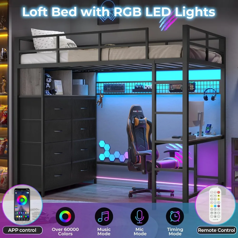 Twin Loft Bed with Desk & 8 Storage Drawers Tall Dresser, Black Metal Loft Bed with LED Lights & Charging Station, 2-Tier