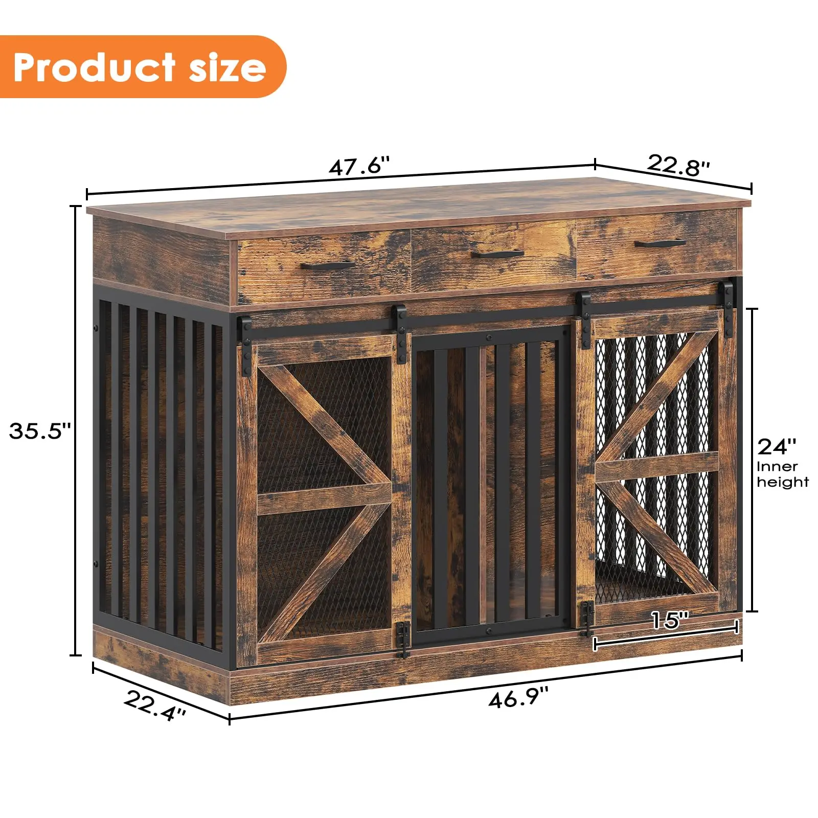 Dog Crate Furniture for Large Dog or 2 Small Dogs, Wooden Large Dog Kennel with 3 Storage Drawers and 2 Sliding Doors