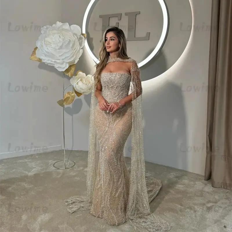 ﻿ Two Pieces Champagne Arabic Evening Dresses With Cape Sleeves Formal Occasion Customized Prom Dress 2025 Party Gowns Celebrity