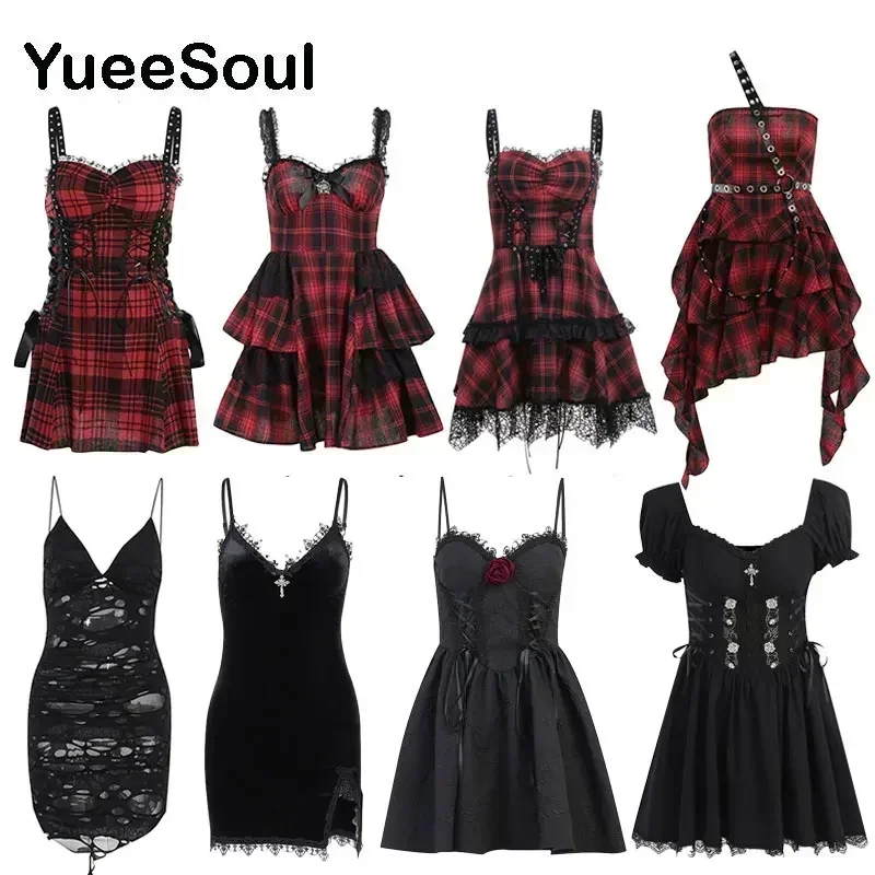 Robe Gothique Grunge en Dentelle pour Femme, Taille Haute, Batterie, Mini, Vintage, Punk, Harajuku, Lolita, Nouvelle Collection Été 2024