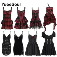 Grunge Gothic Women Dress Lace Trim High Waist Bodycon Mini Dress 2024 Summer New E-girl Vintage Punk Harajuku Lolita Clothes