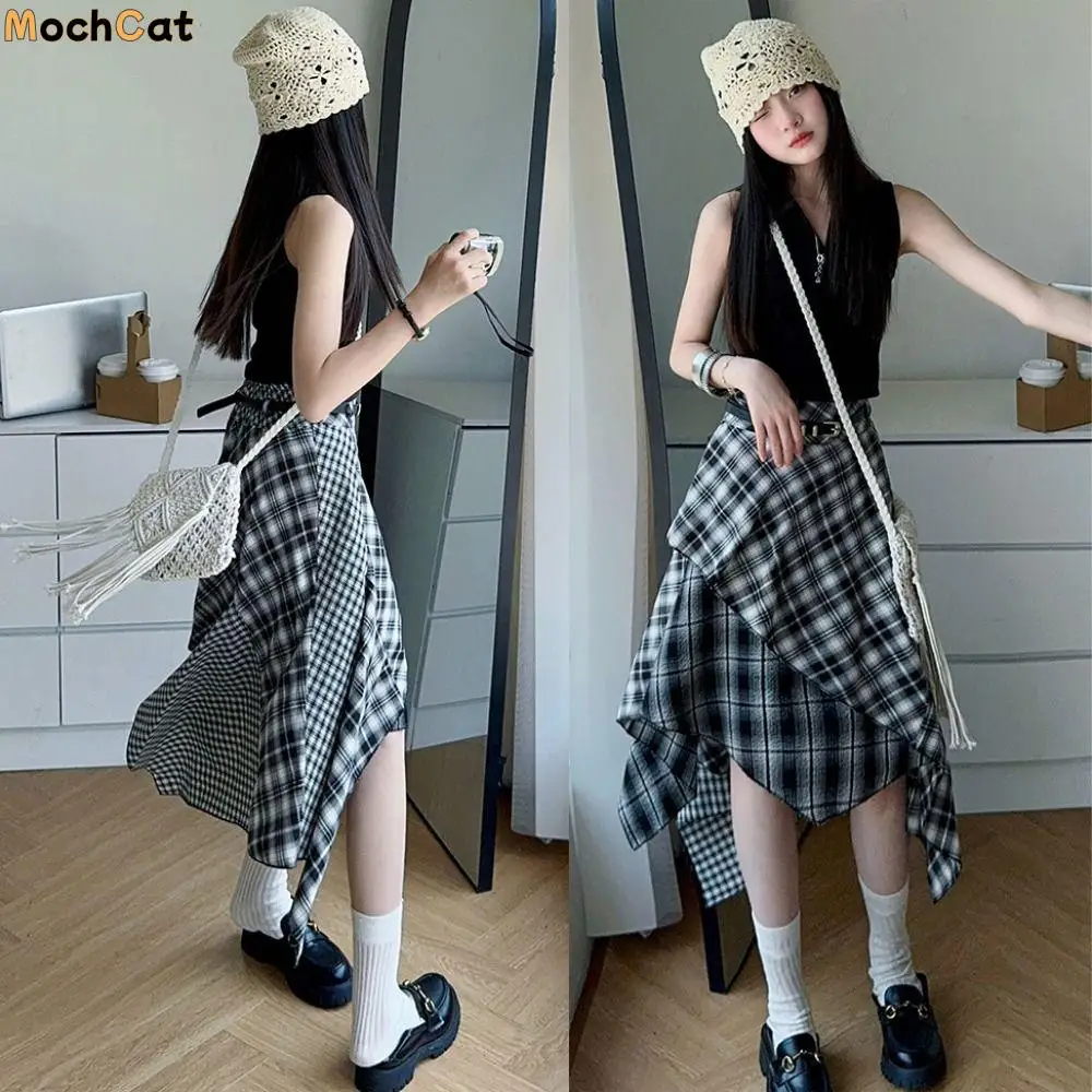 

Plaid Pleated Girls Clothes Set Short Sleeve Irregular Kids Midi Skirt Set Teens y2k Outfits Children Shorts Suit 6-16 Years