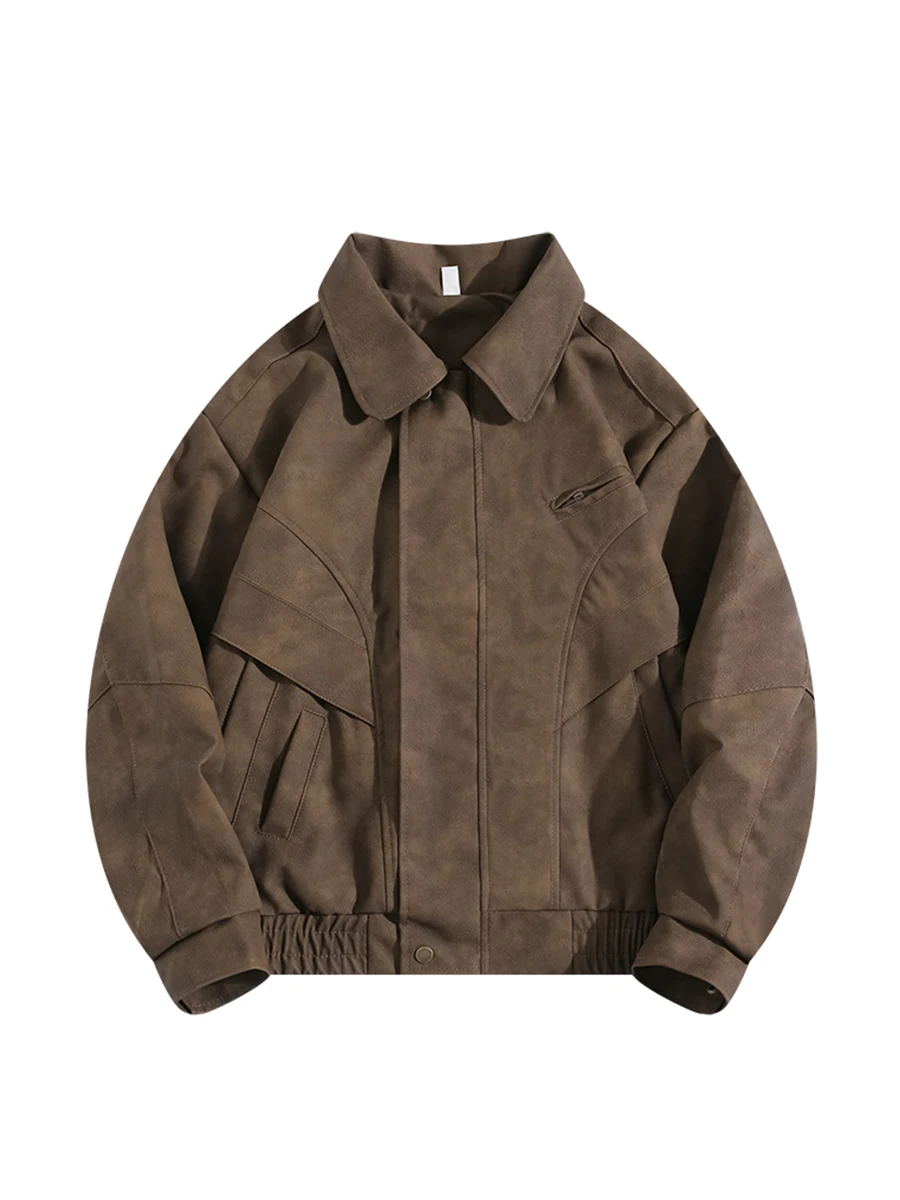 

American Retro Brown Tie Dye Leather Jacket Autumn Turn Down Collar Loose Casual PU Coat Oversized Faux Leather Outerwear