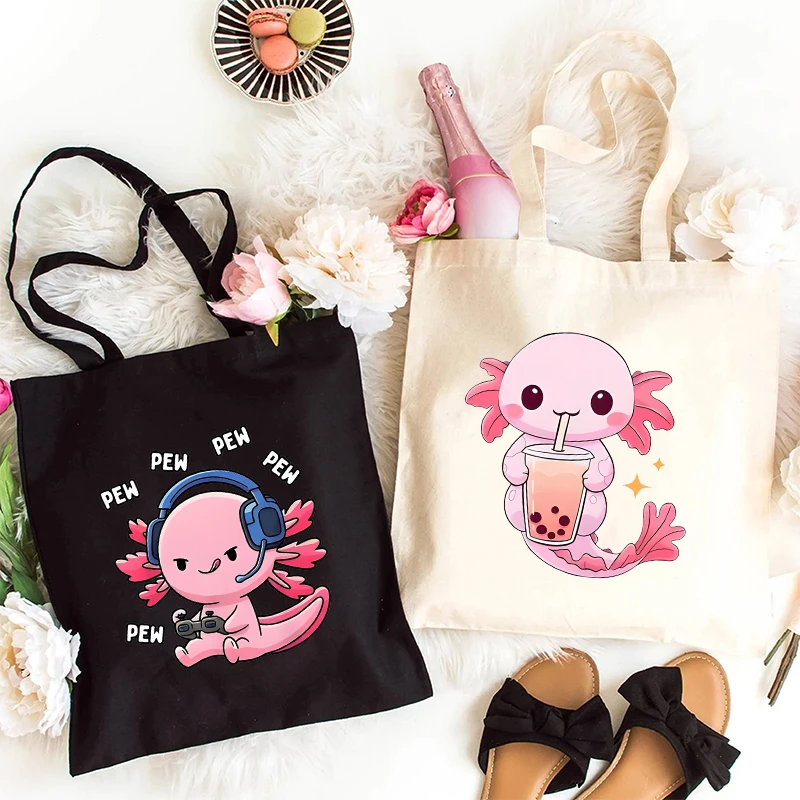 

Cute Axolotl Boba Tea Women Canvas Tote Bag Fashion Cartoon Graphic Y2K Aesthetics Shoulder Bag Shopping Bag Female Handbag