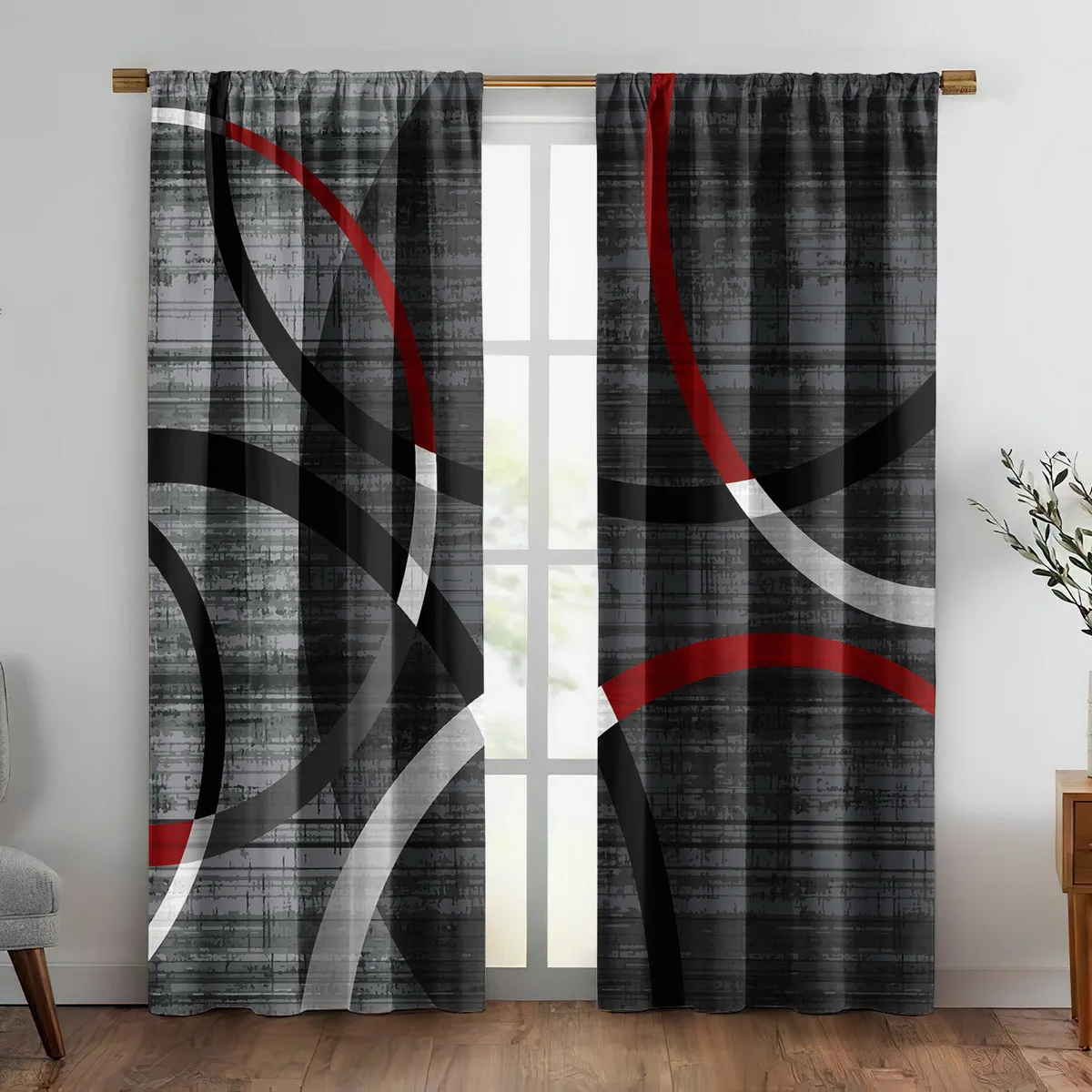 Modern Geometric Curve Theme Curtain 2 Panels Worn Grey Base Red Black White Ring Line Print Window Curtain Industrial Home