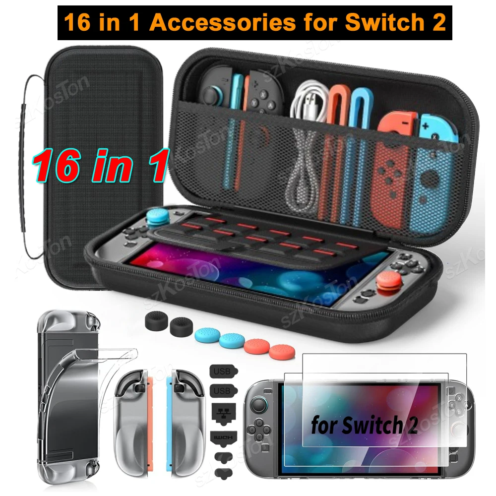 

16 in 1 Gaming Accessories Set for Switch 2 Game Consoles Carrying Case+Screen Protector+Thump Grips+Dust Plug+Protective Shell