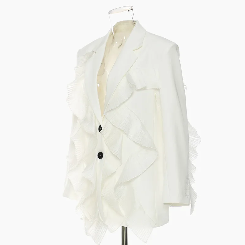 HKSH Spring Autumn New Women Blazer Ruffled Patchwork Notched Collar Single Breasted Elegant Temperament High-end Jacket HK18339