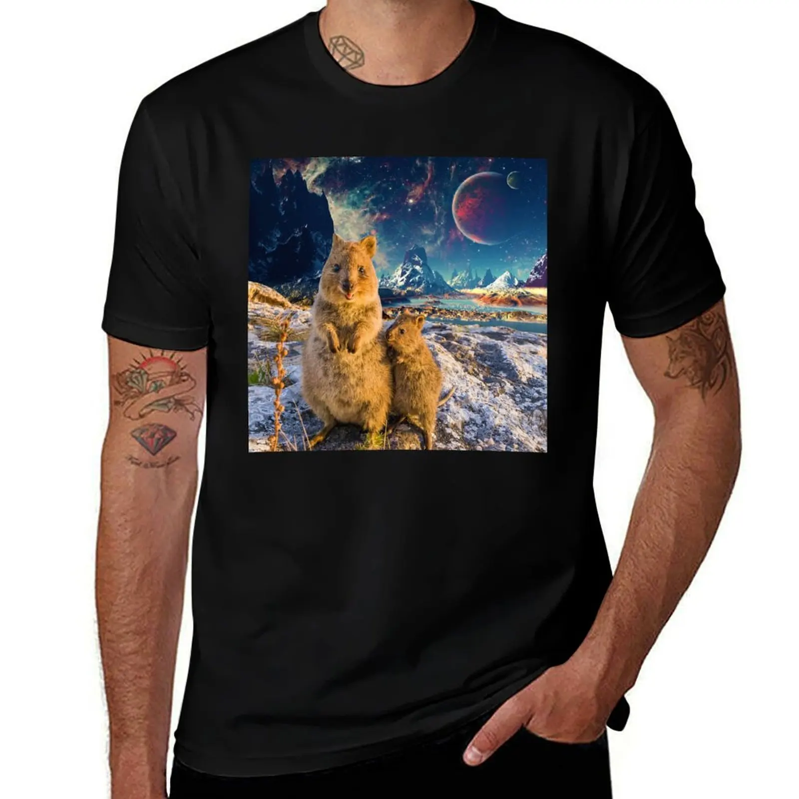 Happy Quokka Trip to Space T-Shirt oversized graphic tee baggy shirts designer t shirt men