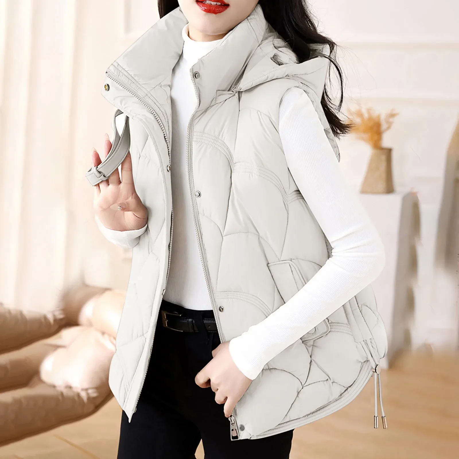 

Women'S Hooded Zipper Cotton Vest Winter Sleeveless Warm Quilted Vests Korean Fashion Outdoor Windbreak Ski Coat Vestidos A416