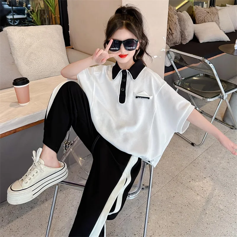 

Girls Color Patchwork Top and Pants Set 2024 Summer New Children's Summer Short Sleeved Lapel Wide Leg Pants Two-piece Set