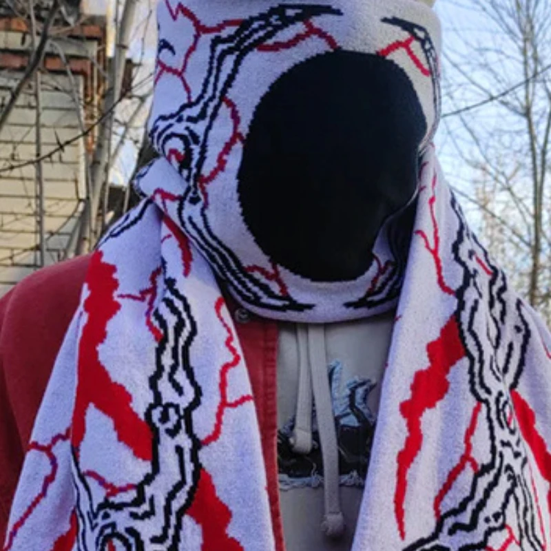 Dzianinowy szal damski Szal zimowy Fartuch Czarny szal z graffiti czaszki Nieregularny wzór Szal dziergany Retro Dwustronny