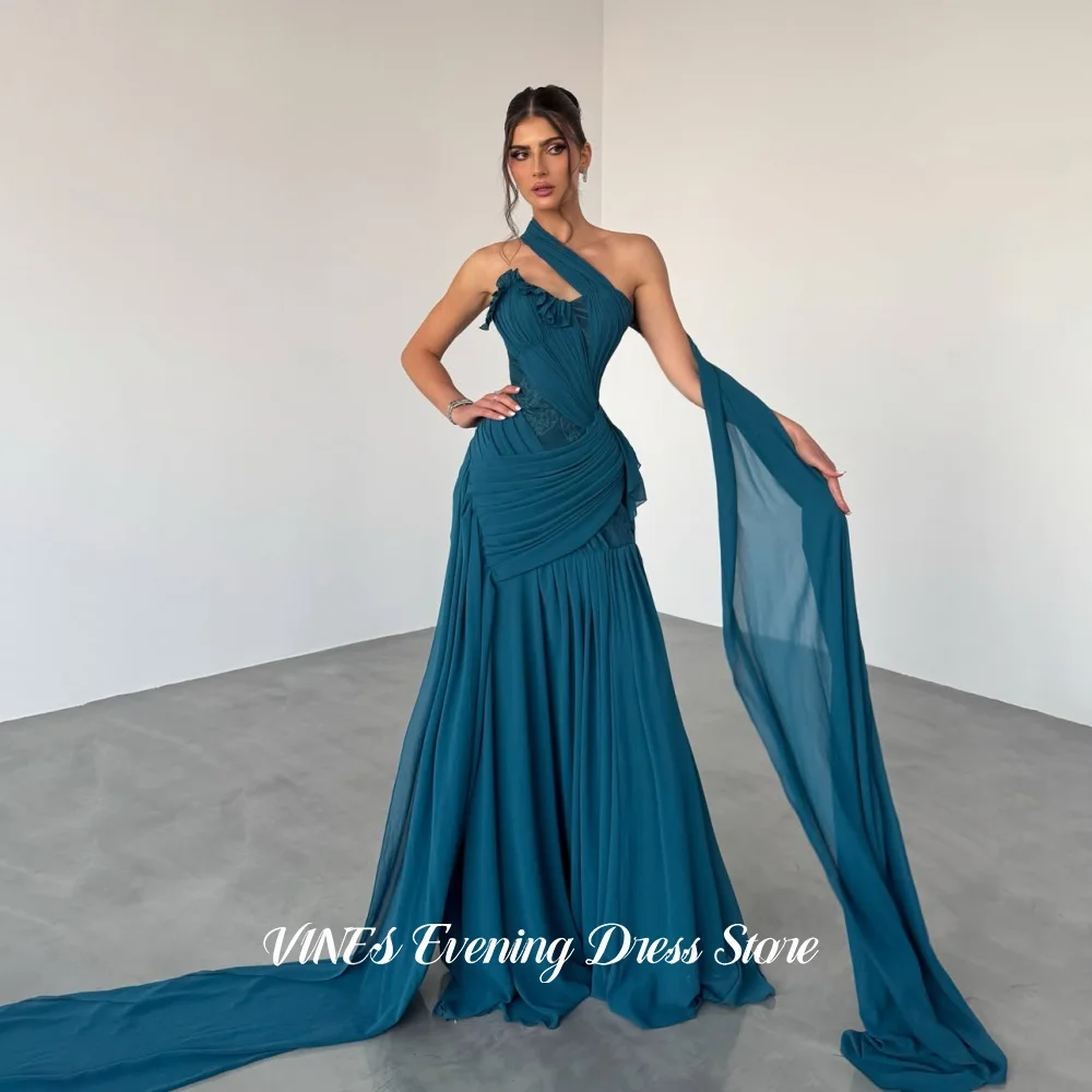VINES Teal A‑Line Evening Dress Pleated Chiffon Lace Ruffled Detail Prom Dress With Cape Strain Elegant Party Gown Customized