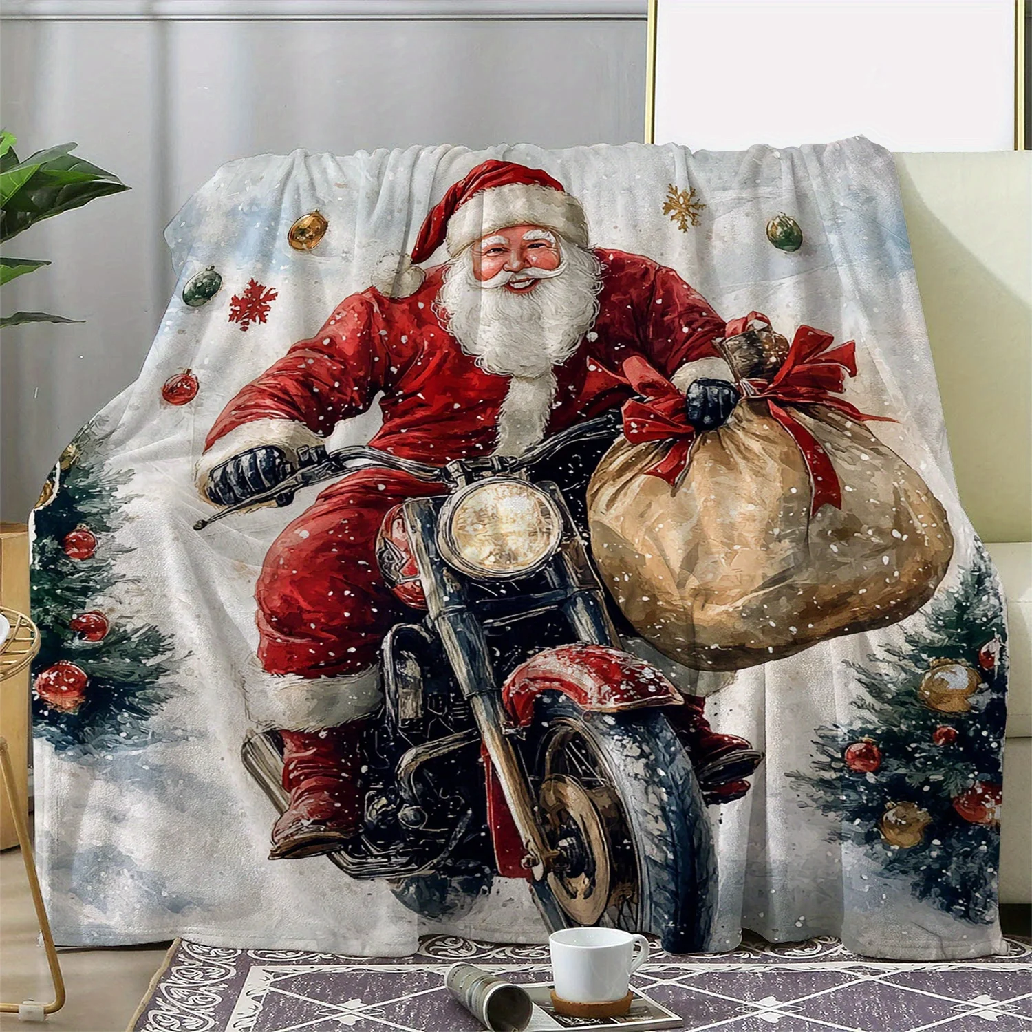 Vintage Christmas Santa on Motorcycle Print Flannel Throw Blanket – Soft Cozy Polyester Knitted Fabric, Digital Printing, 250-30