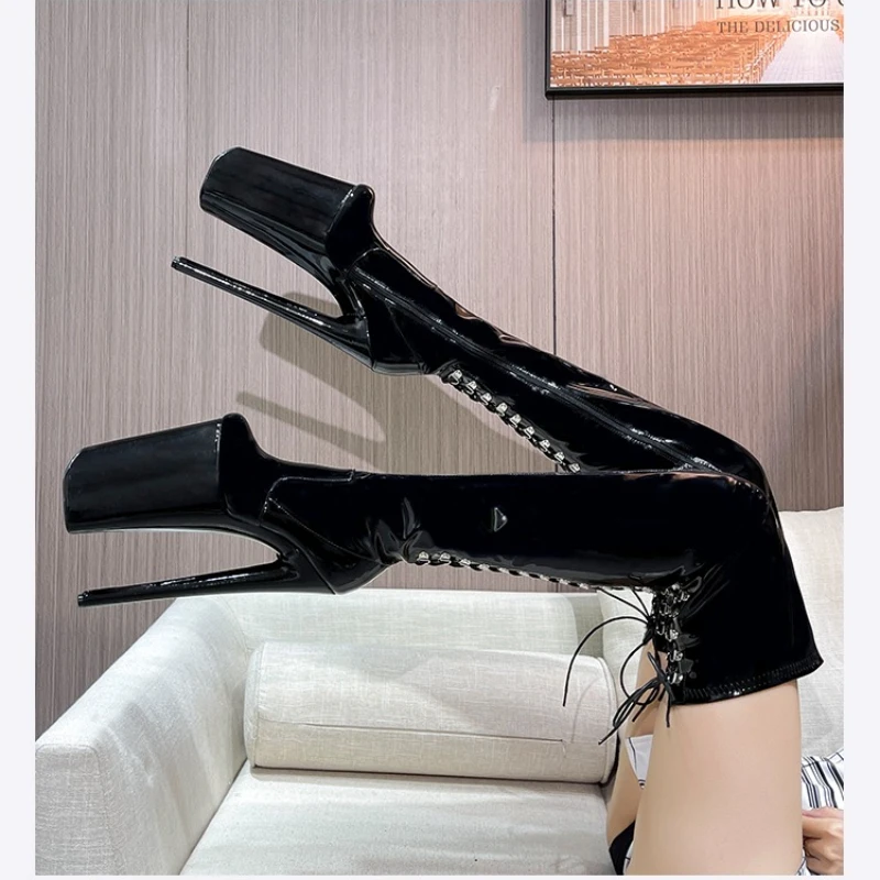 Women's 26CM EXTREME HEIGHT Over The Knee Long Boots Patent Leather Metal Buckles Lace-Up Straps Pumps Fetish Clubwear Shoes