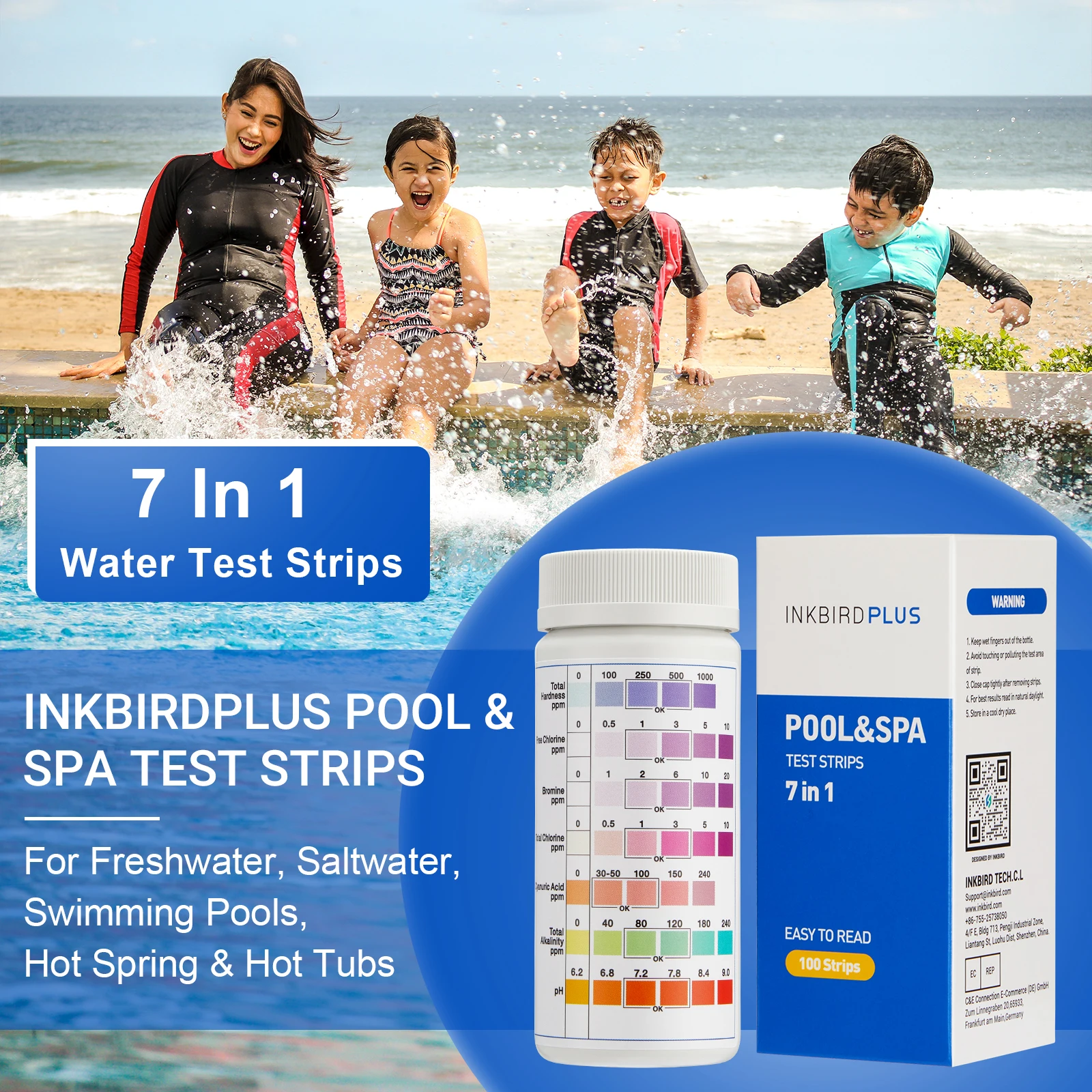 ورق اختبار جودة المياه INKBIRDPLUS ، شرائط اختبار حمام السباحة ، الكلور الصلادة ، البرومين ، الرقم الهيدروجيني ، القلوية ، حمض السيانوري ، 7 في 1 ،
