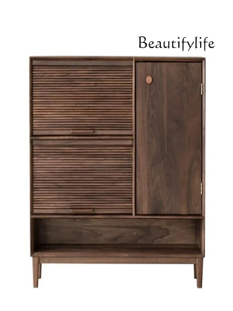 

Nordic black walnut shoe cabinet Modern simple rolling shutter door shoe cabinet Solid wood household storage cabinet