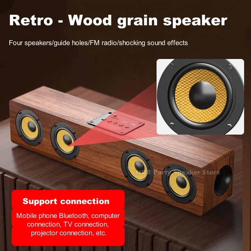 Top Seller Four Horns Bass HI-FI Loud Subwoofer Table Wooden Wireless Bluetooth Boombox Portable Strip Speakers FM Radio