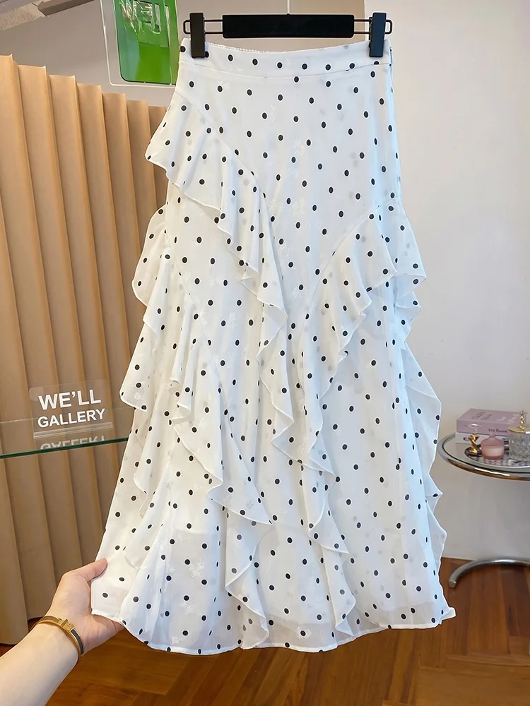 Polka Dot Slimming Half Skirt Asymmetrical A-Line Summer Fashion White  Skirt for Small Stature Women High Waist Design