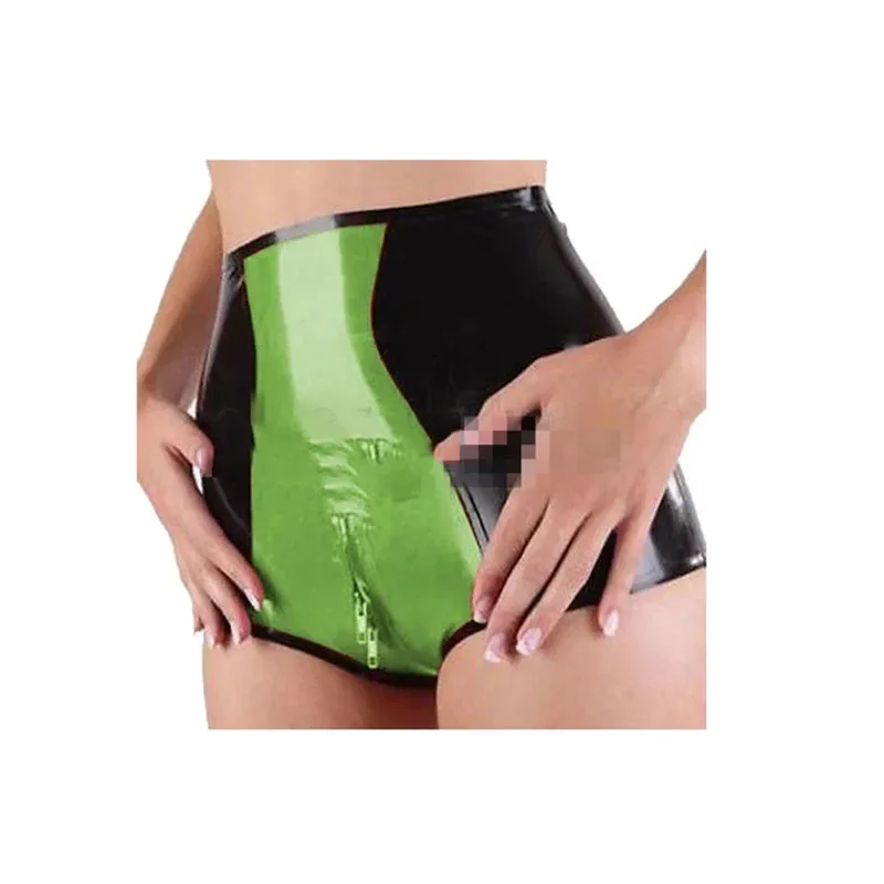 

Women Latex Rubber Shorts Underwear High Waist Black with Green with Front Zip Cosplay Costumes