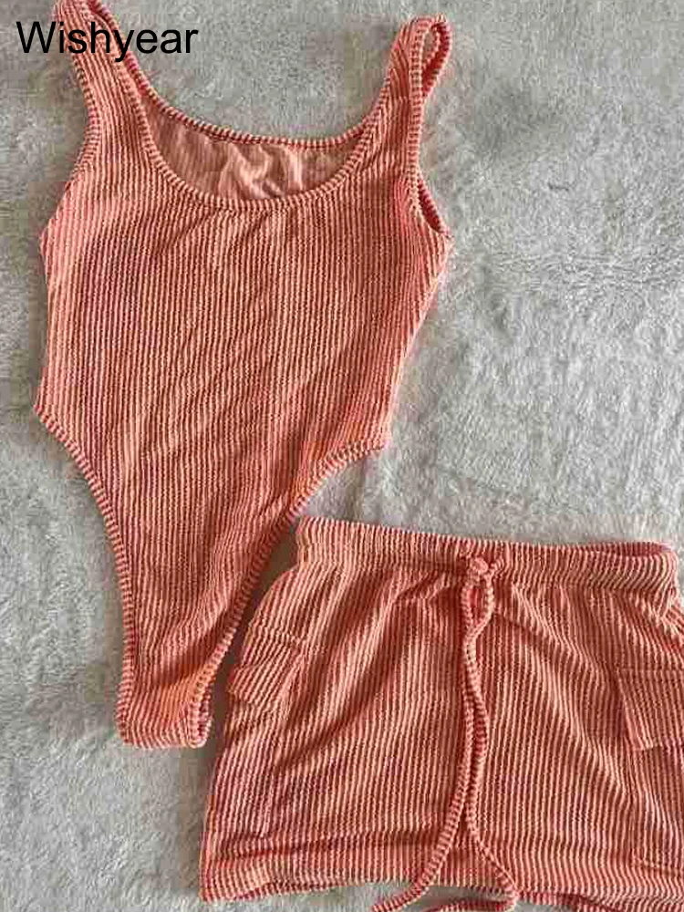 Swimsuit Summer Two 2 Pieces Set Women Knitted Ribbed Bodysuits Tank Tops and Drawstring Mini Skirts with Pocket Beach Outfits