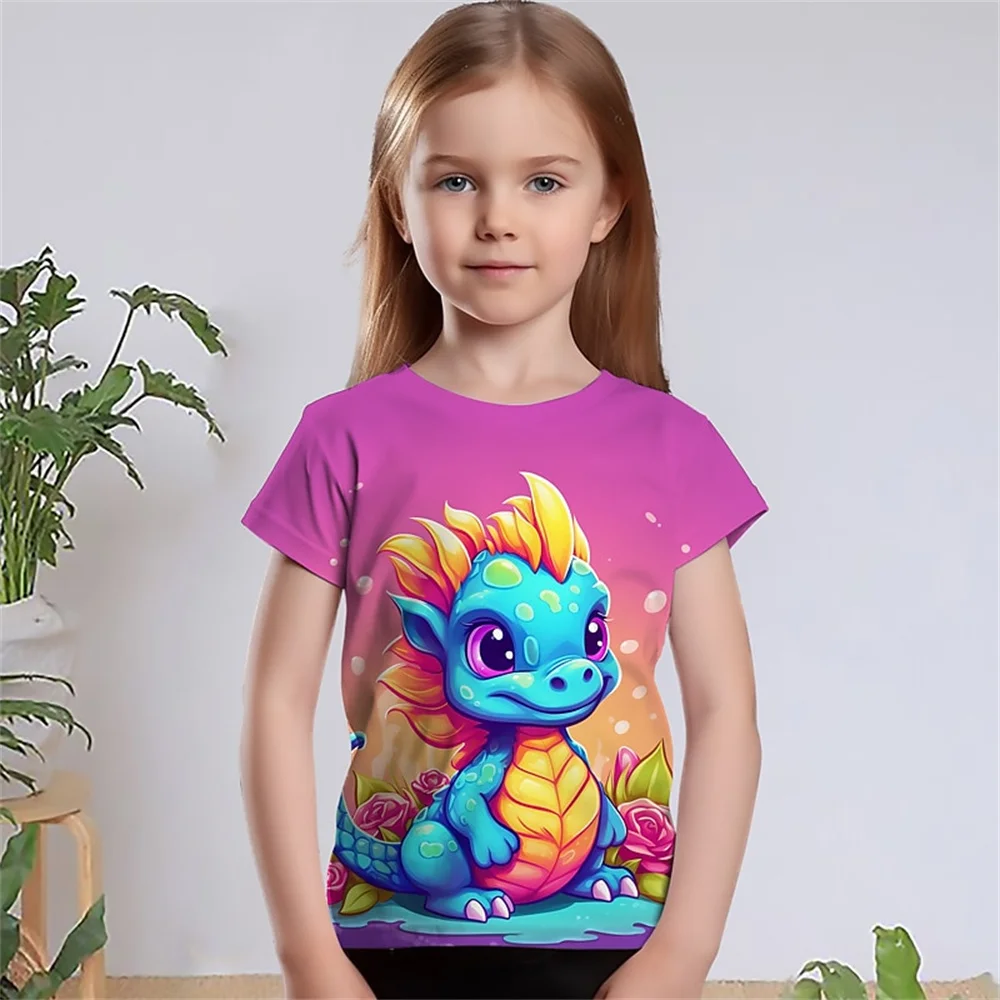 Lindo Animal dragón dibujos animados 3d impreso diversión ropa para niños bebé niña camiseta verano pantalón corto Casual manga Cool camiseta para niñas