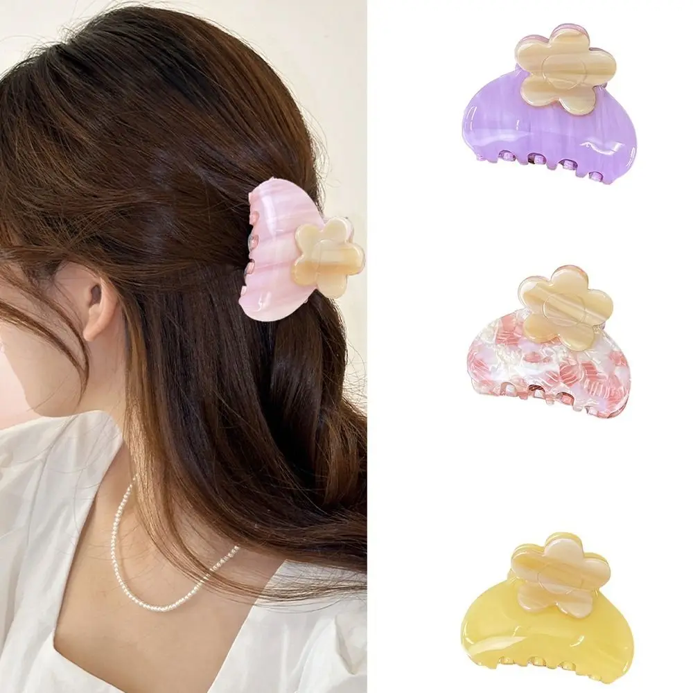 エレガントな酢酸フラワーヘアクロー、小さめ韓国風フレンチシャーククリップ、ハイポニーテールクリップ、アセテートフラワーヘアクランクリップ、デイリー