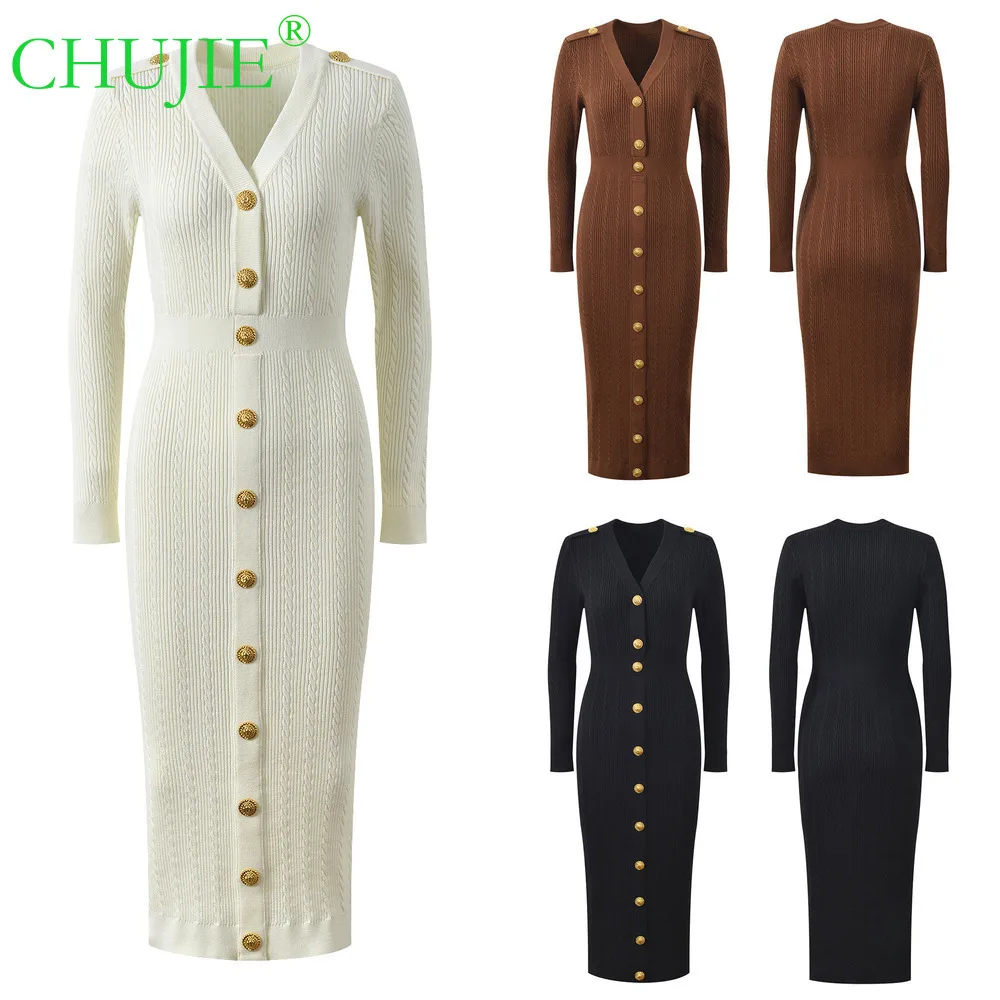 

CHUJIE 2025 Autumn Winter New V-Neck Metal Buckle Long Elegant Fashion Slim Fit Slimming Knitted Long Dress