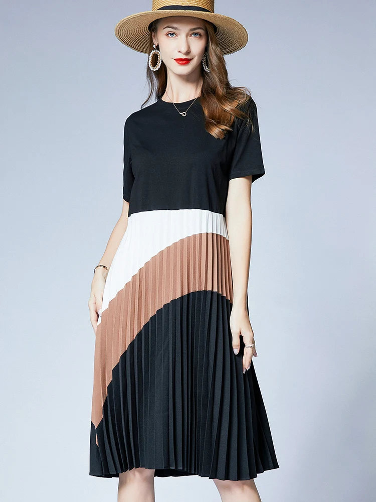 High-End plus Size Women's Summer New Loose Slimming Tummy Covering Faionable Plaid Pleated Dr Street Sle round Ne M...