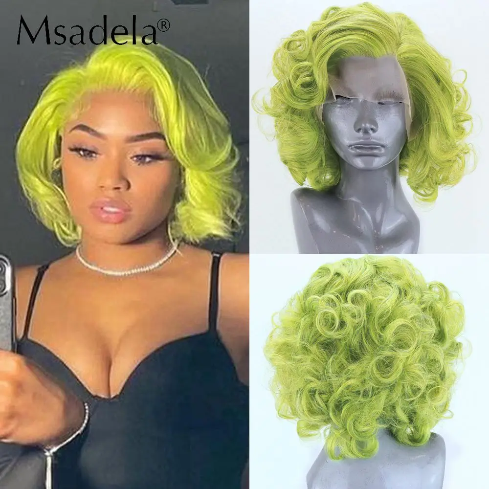 Light Green Color Loose Wave Short Bob 13x4 Lace Front Wig Transparent Pixie Cut Curly Drag Queen Synthetic Wigs For Black Women