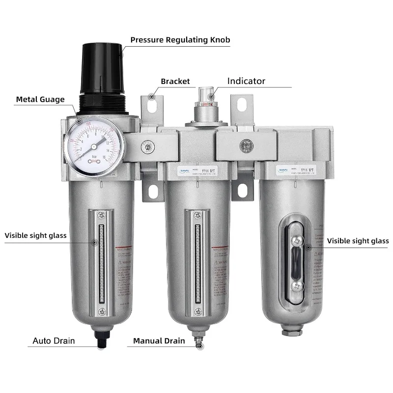 Industrial Grade 3 Stage Air Drying System - Particulate Filter, Coalescing Filter, Desiccant Dryer & Air Regulator,