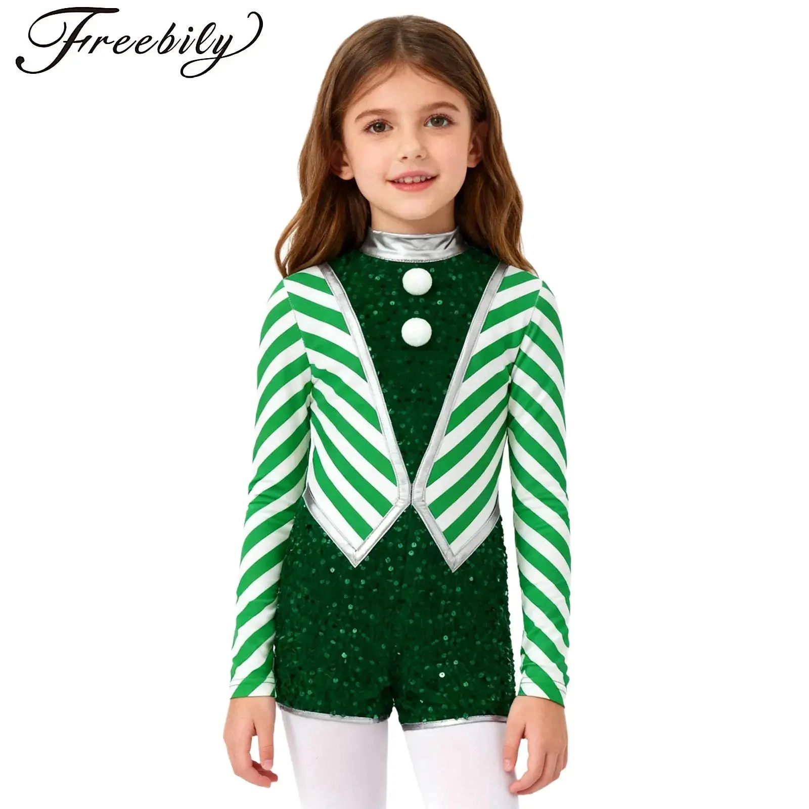 

Kids Girls Christmas Dance Costume Long Sleeve Stripes Sequin Pompoms Candy Cane Jumpsuit Xmas Santa Elf Unitard Ballet Leotard