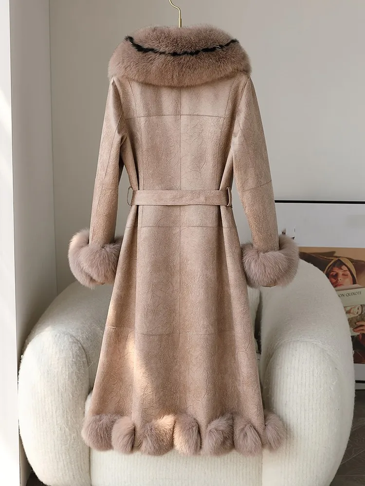 High Quality Suede Overcoat Women Luxury Winter Rabbit Fur Lining Warm Long Coat Fox Fur Collar Elegant Office Ladies Coats