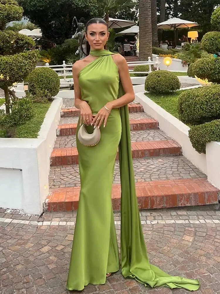 Ribbon Hanging Neck Long Dresses Women Printed Sleeveless Backless Slim High Waist Halter Party Dress 2025 New Hip Package Robe