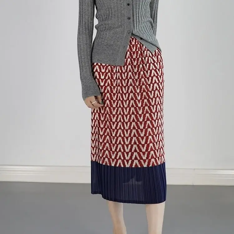 Bust  women's high-end printing medium and long one-step straight  hip  summer  slim fit pleated skirt