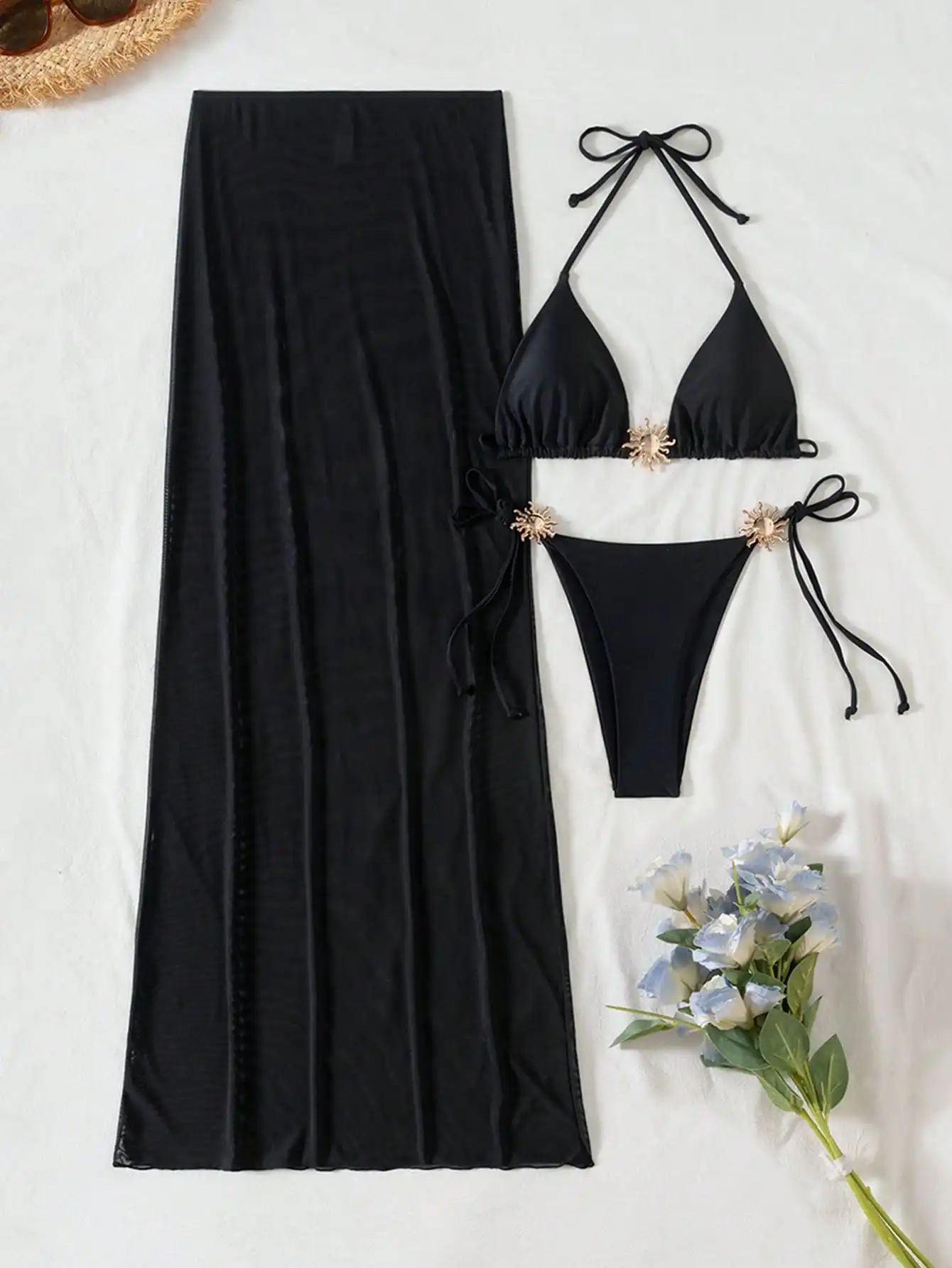 

Black Triangle Halter Bikini With Tie-Side Bottom And Sheer Mesh Cover-Up Skirt For Summer Beach Holiday