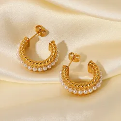 ANENJERY 316L Stainless Steel Imitation Pearl C-shape Twist Hoop Earrings for Women Temperament Simple Earrings Jewelry Gift