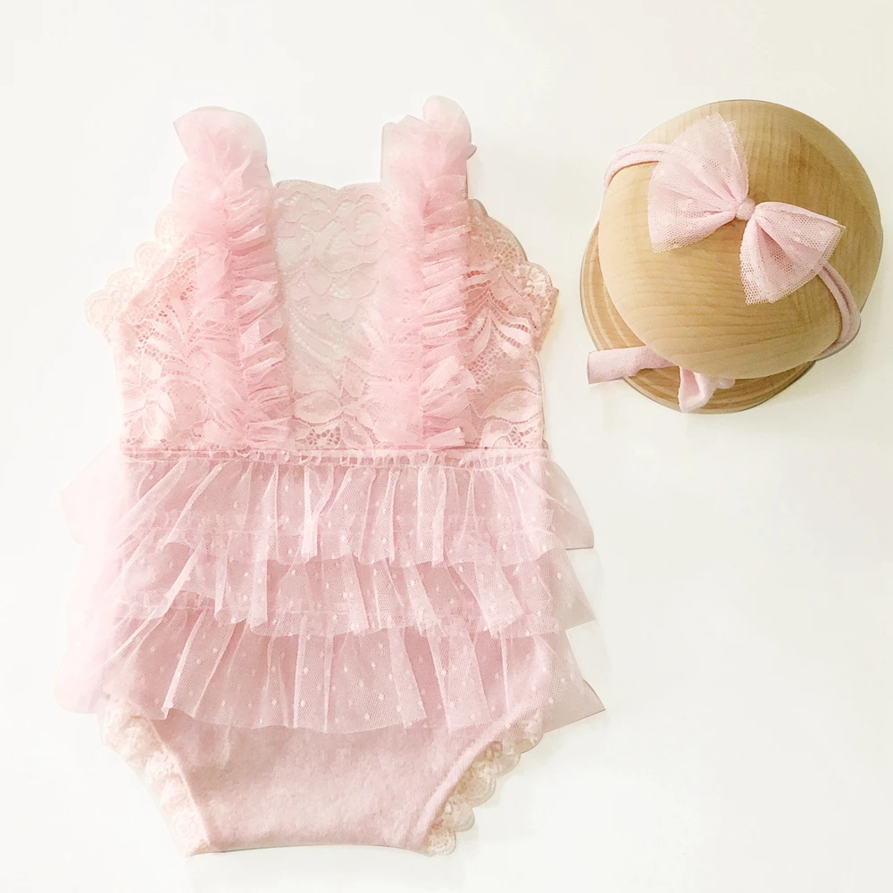 Ruffle Newborn Girl Romper with Lace Trim Headband Baby Photography Props White Infant Lace Dresses Newborn Girl Photo Outfit