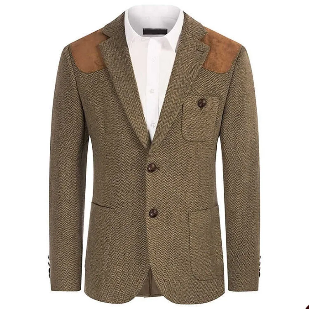 Classic Green Herringbone Tweed Field Jacket with Suede Shoulder Patches and Patch Pockets Men Autumn  Coat Customized M266616