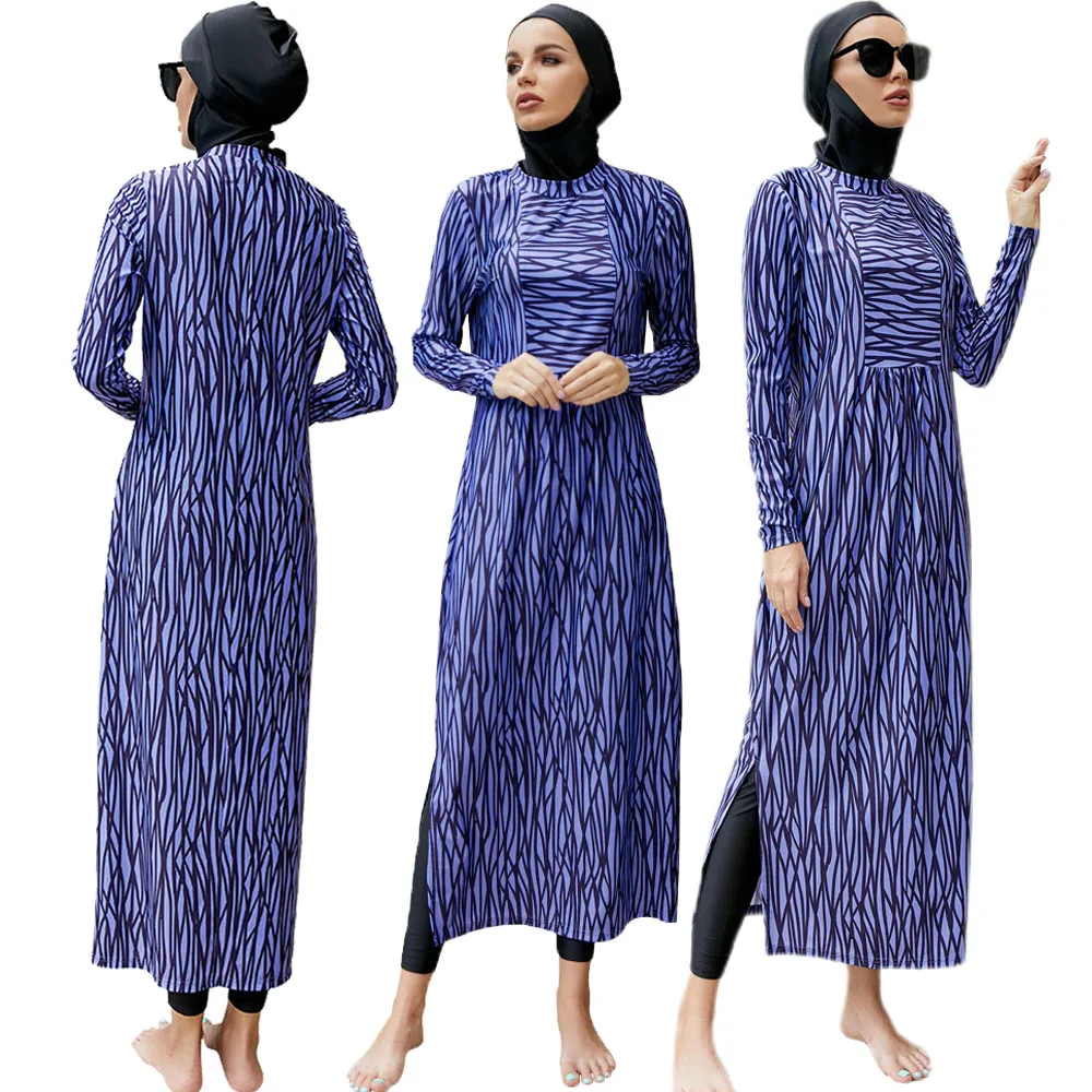 Costumi da bagno donna musulmana a copertura totale Costumi da bagno islamici Abiti modesti da 3 pezzi Strisce a maniche lunghe Stampa Burkini Top