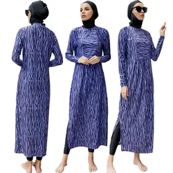 Full Cover Muslim Women Swimsuits Islamic Swimwear Modest 3 Pieces Suits Long Sleeve Stripes Print Burkinis Long Tops Pants Cap