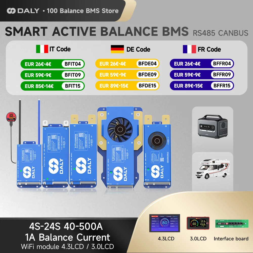 

Latest Smart 4S/12V/8S/24V/16S 48V 40A-500A LiFePo4 Active Balance BMS for lithium battery with LCD/RS485/UART/BT/WIFI