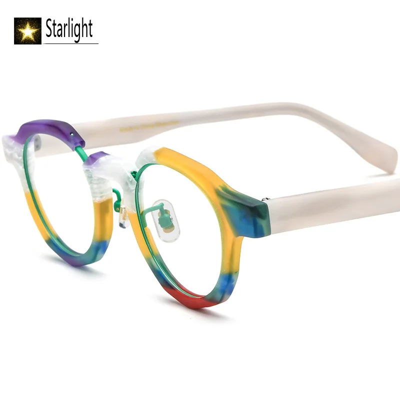 Patchwork color Small Face Glasses Frame Man matte Acetate round Fashion Eyeglasses Frames Men Myopia Women Prescription 137mm
