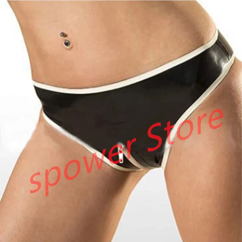 

Women Latex Briefs Black with White Trim Crotch Zip Panties Shorts Rubber Underwear