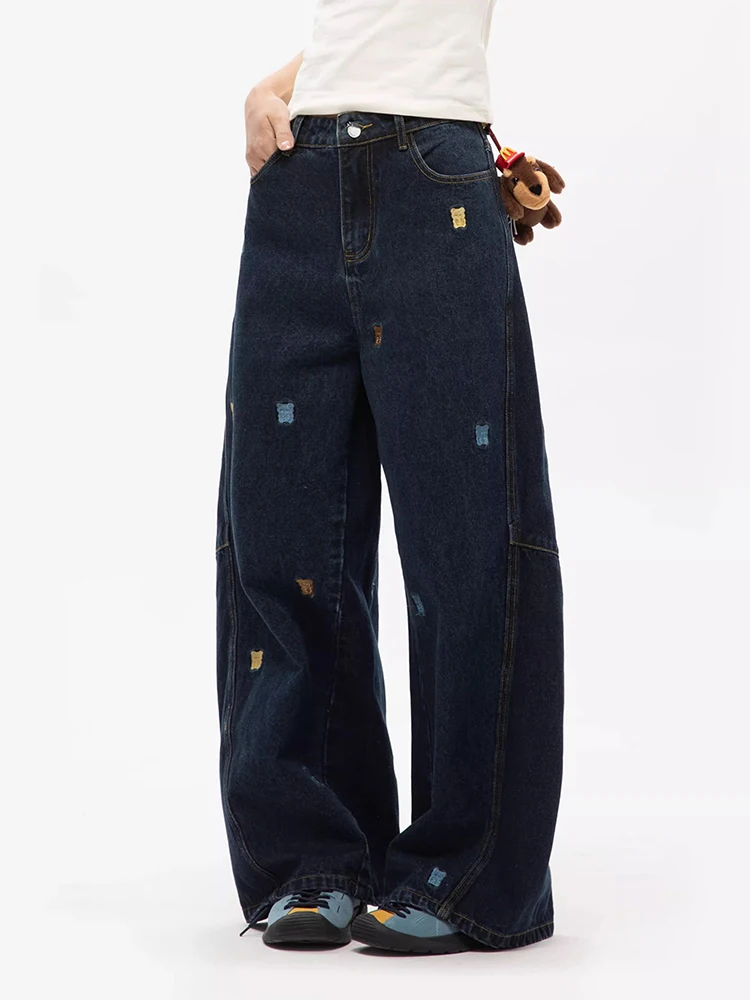 กางเกงยีนส์ขากว้างปักลายหมีน้อยสำหรับผู้หญิงเอวสูงทรงหลวมทรงตรงยาวถึงพื้น