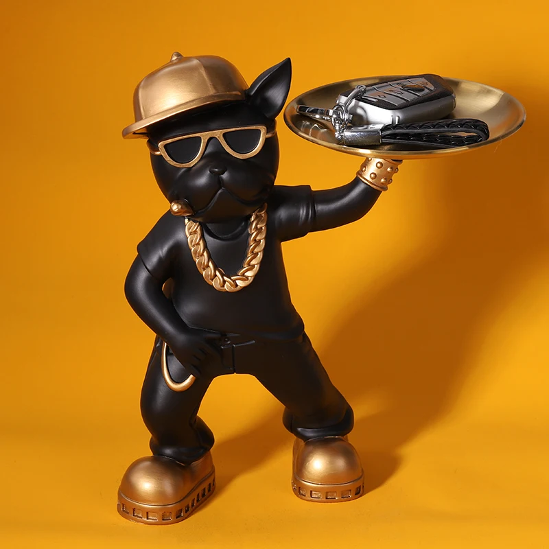 

Creative Hip-hop French Bulldog Ornament Living Room Entrance Key Storage Tray Home Dog Animal Model Art Statue Object Decor