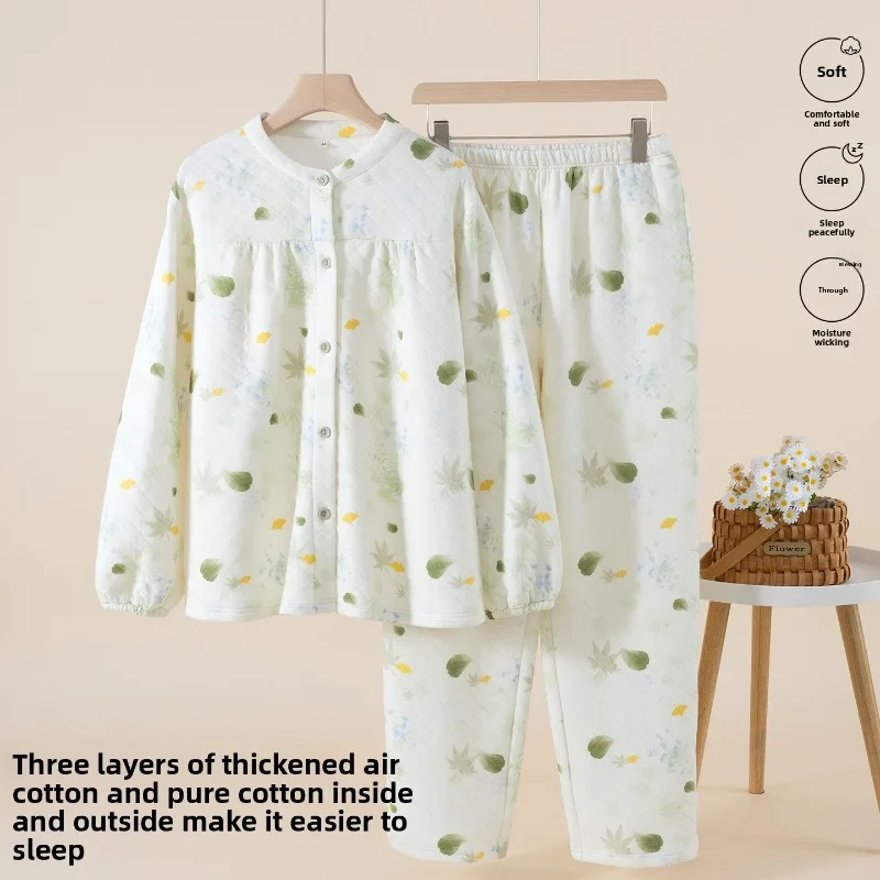 

Женская одежда для сна из воздушного хлопка, осенне-зимнее издание с толстым бархатом для тепла, трехслойный комплект домашней одежды из хлопка сэндвич