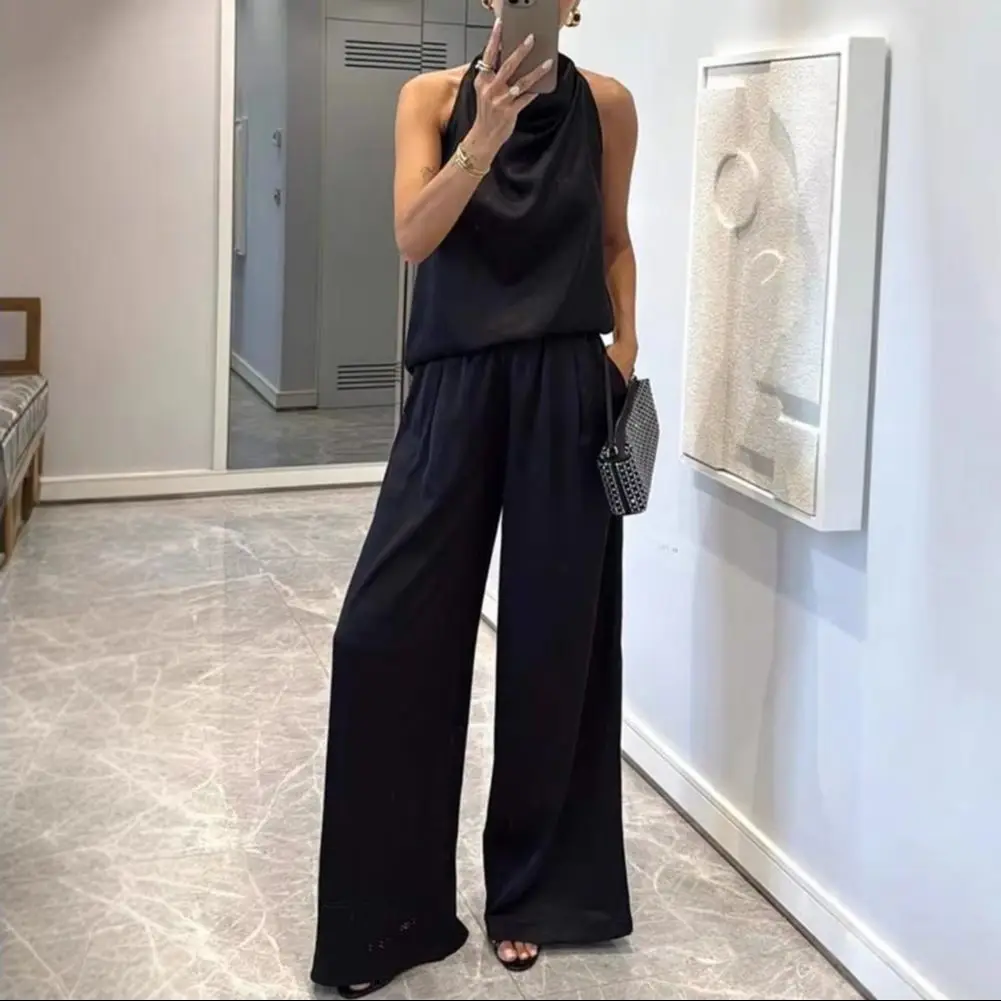 Ensemble 2 pièces en satin pour femme : haut sans manches à col halter et pantalon large – Tenue décontractée pour les loisirs et les vacances