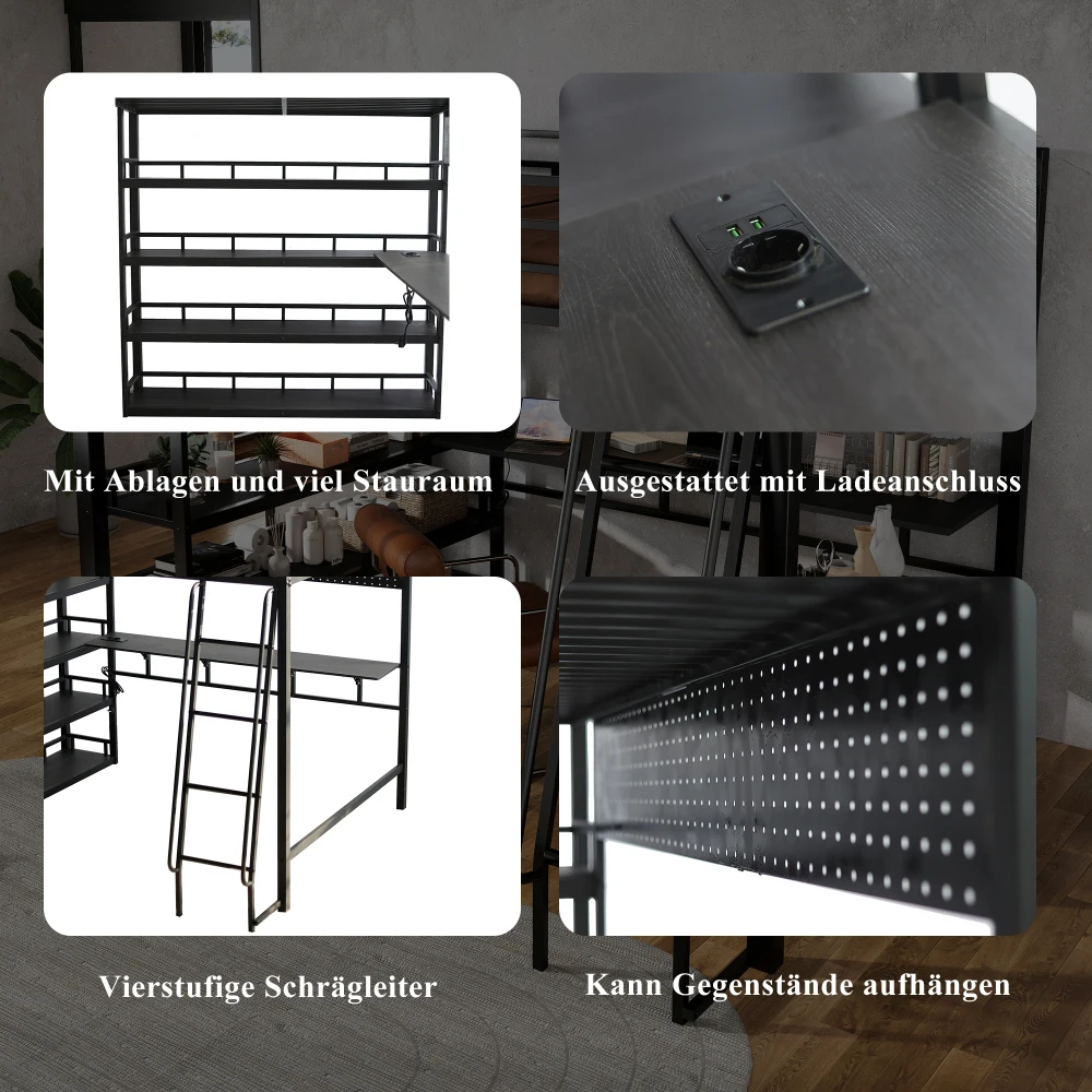PINGGO Metall-Etagenbett mit Aufbewahrungsregalen, Ladeanschluss, 4-Stufen-Leiter, Hängeregal, Eisen-Spanplatte, Schwarz, 140x200cm, ohne Matratze – Detail 10