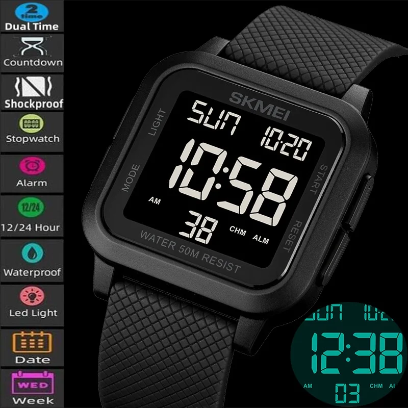 

Skmei LED Waterproof Digital Watches Soft PU Strap Shockproof Sports Chronograph Dual Time Male Alarm Clock