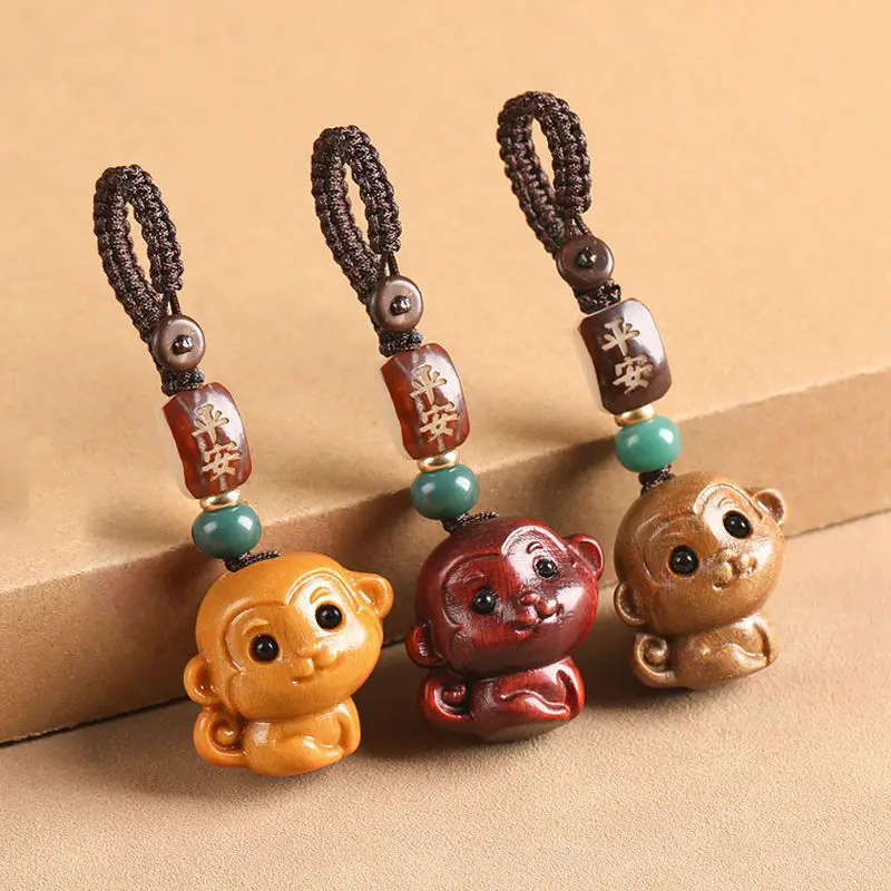 

Sandal Wood Carving 12 Monkey Zodiac Figurine Mini Cute Wooden Little Monkey Retro Creative Pendant Phone Chain Keychain Pendant